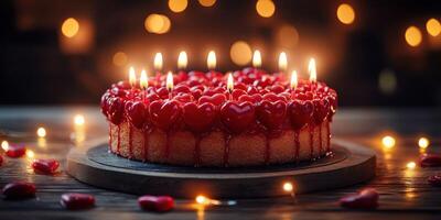 Delicious heart-shaped cake with candles in a festive setting during a romantic celebration photo