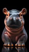 Curious young hippo gazes with an inquisitive expression against a dark backdrop photo