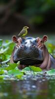 Hippo observes its surroundings as a small bird perches on its head during a calm day in a lush wetland photo