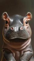 Cute baby hippopotamus staring curiously with big eyes in a soft light environment photo