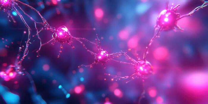 Abstract representation of neurons with glowing connections in vibrant colors during a scientific visualization photo