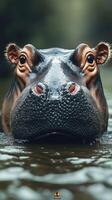 Hippo swimming in serene waters with calm surroundings during golden hour light photo