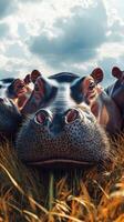 Hippos resting peacefully in tall grass under a cloudy sky during the afternoon in a serene natural habitat photo