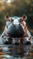 Family of hippos enjoying a calm day in the water at a serene wildlife habitat photo