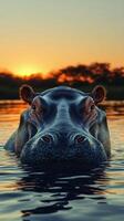 Hippo emerges at sunset in serene waters, showcasing beauty and wildlife tranquility in Africa photo