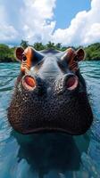 Large hippopotamus emerging from clear water in a lush tropical habitat during sunny daytime photo