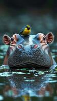 Hippo and bird share a tranquil moment in a lush water habitat during a sunny afternoon photo