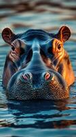 Close-up of a hippo in water during sunset, highlighting its features and serene expression photo
