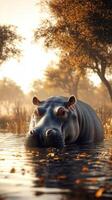 Hippo relaxing in tranquil water among golden foliage at sunset in the African savanna photo