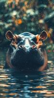 Hippo emerging from water in lush tropical surroundings during a serene summer afternoon photo