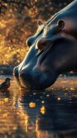 Close encounter between a hippo and a small bird in a serene water setting during golden hour photo