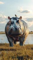 Hippo stands in shallow water with a bird perched on its back during sunset in a serene wetland environment photo