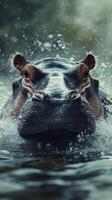 Majestic hippopotamus emerging from water, showcasing its powerful presence in natural habitat during golden hour photo