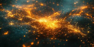 Abstract representation of glowing particles flowing through a dark, cosmic background in a digital landscape photo