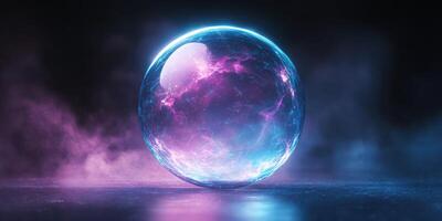 Mystical glowing sphere surrounded by ethereal mist creates enchanting atmosphere in dark environment photo