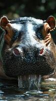 Large hippopotamus emerges from the water at a wildlife sanctuary during a sunny afternoon photo