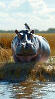 Hippo rests in water with bird perched on its head in a serene wetland setting during the day photo