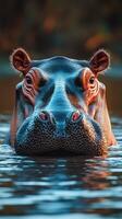 Majestic hippopotamus surfaces in tranquil water at sunset, showcasing natural beauty and wildlife splendor photo