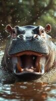 Hippo splashing through water with mouth open in natural habitat during sunny day with greenery in background photo