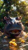 Hippo enjoying flowers in a serene natural setting during a sunny day photo
