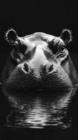 Hippo submerged in water gazing directly at the camera in a striking black and white composition photo
