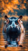 Hippopotamus surfacing in tranquil waters at sunset near a riverbank surrounded by vibrant autumn foliage photo
