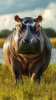 Hippo stands confidently in grassy area near water, showcasing natural habitat during golden hour light photo