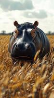 Hippopotamus grazing in golden grasslands under a blue sky at midday with distant trees in view photo