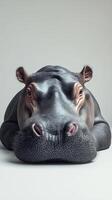 Hippo relaxing on a smooth surface in a minimalistic indoor setting with soft lighting photo