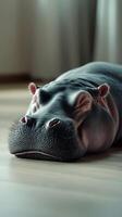 Hippo resting comfortably indoors on a wooden floor, enjoying a serene moment in a cozy environment during the day photo