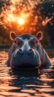 Hippo emerges from water as sunset paints the sky in warm hues near a riverbank photo