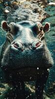 Hippo swimming under water in natural habitat showing curious behavior and unique facial features photo