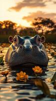 Hippo in serene water surrounded by yellow flowers during sunset in a natural habitat photo