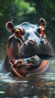 Hippo mother and calf enjoying time in the water under a lush green background photo