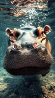 Hippopotamus swimming in clear water with bubbles rising in a serene underwater environment photo