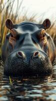 Hippo surfacing in serene water surrounded by tall grasses at sunset in a tranquil landscape photo