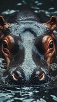 Close-up view of a hippo swimming in dark water showcasing its eyes and texture at a wildlife sanctuary in the early morning photo