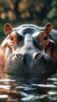 Majestic hippopotamus emerging from the water at sunset in a serene natural habitat photo