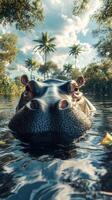 Hippopotamus calmly floating in a serene river surrounded by tropical vegetation during daylight hours photo