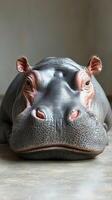 Large hippo resting indoors with a focused expression, showcasing detailed features and texture in a serene environment photo