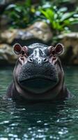 Hippopotamus emerges from water surrounded by lush greenery in a serene habitat during daylight hours photo
