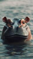 Hippo emerges from serene water at sunset in African wilderness displaying raw natural beauty and wildlife wonder photo