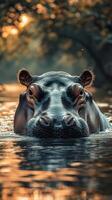 Hippo swimming quietly in a serene river during sunset in a natural habitat photo