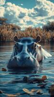 Hippo swimming in serene waters under a vibrant sky during late afternoon in a natural habitat photo