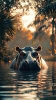 Hippo surfacing in tranquil waters surrounded by tropical foliage during golden hour photo