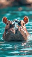 Hippo swimming in clear water at a wildlife sanctuary during a sunny afternoon photo