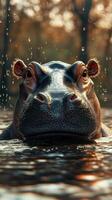 Large hippopotamus surfaces in tranquil water at sunset in a serene natural habitat with gentle ripples and drops photo
