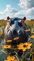 Hippo relaxing among wildflowers in a serene wetland during golden hour light photo