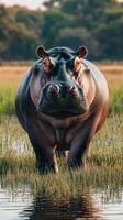 Hippopotamus wades through shallow water during golden hour in African wetlands photo