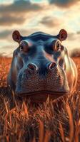 Hippo resting in tall grass at sunset in a serene natural habitat near a water body photo